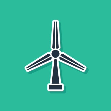 Mavi Rüzgar türbini simgesi yeşil arkaplanda izole edildi. Rüzgar jeneratörü işareti. Yel değirmeni silueti. Elektrik üretimi için yel değirmeni. Vektör İllüstrasyonu