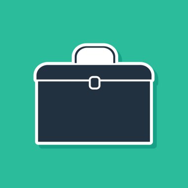 Mavi evrak çantası simgesi yeşil arka planda yalıtılmış. İş davası işareti. İş portföyü. Vektör Illustration