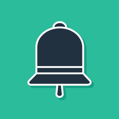 Mavi Zil çan simgesi yeşil arka plan üzerinde izole. Alarm sembolü, servis zili, el zili işareti, bildirim sembolü. Vektör İllüstrasyonu