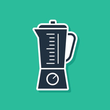 Mavi karıştırıcı simgesi yeşil arkaplanda izole edildi. Mutfak elektrikli kırıcı ve kase. Meyve suyu, kokteyl ya da meyve suyu. Vektör İllüstrasyonu