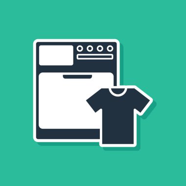 Mavi Yıkama ve tişört ikonu yeşil arka planda izole edilmiş. Çamaşır makinesi simgesi. Çamaşır makinesi, çamaşır makinesi. Ev aletleri sembolü. Vektör İllüstrasyonu