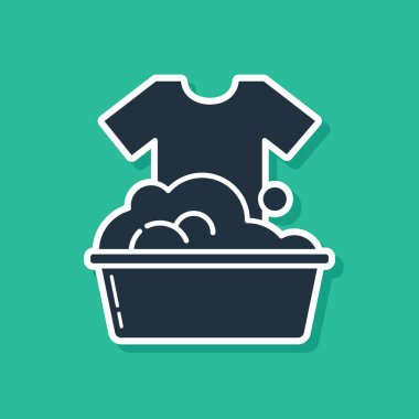 Yeşil zemin üzerinde sabun köpüğü simgesi olan Mavi Plastik leğen. Sulu kase. Çamaşır yıkama, temizlik malzemeleri. Vektör İllüstrasyonu