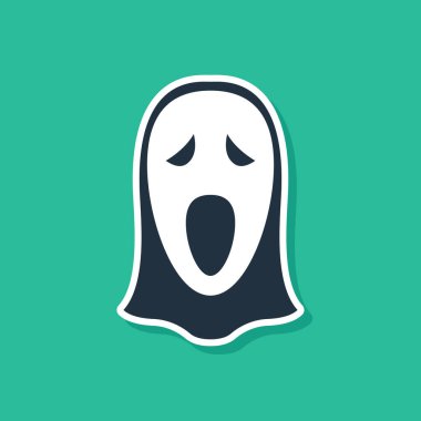 Yeşil arka planda izole edilmiş Cadılar Bayramı ikonu için mavi komik ve korkutucu hayalet maskesi. Mutlu Cadılar Bayramı Partisi. Vektör İllüstrasyonu