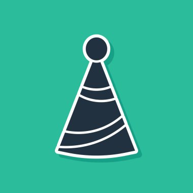 Mavi Parti şapka simgesi yeşil arka planda izole. Doğum günü şapkası. Vektör İllüstrasyonu