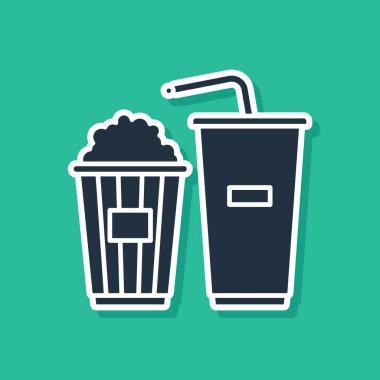 Karton kutuda mavi patlamış mısır ve yeşil arka planda izole edilmiş saman ve su ikonu içilen kağıt bardak. Soda bardağı. Vektör İllüstrasyonu