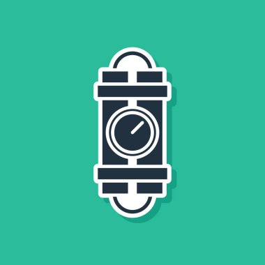 Mavi Patlayıcı bomba çubuğu ve zamanlayıcı ikonu yeşil arka planda izole edildi. Saatli bomba - patlama tehlikesi kavramı. Vektör İllüstrasyonu