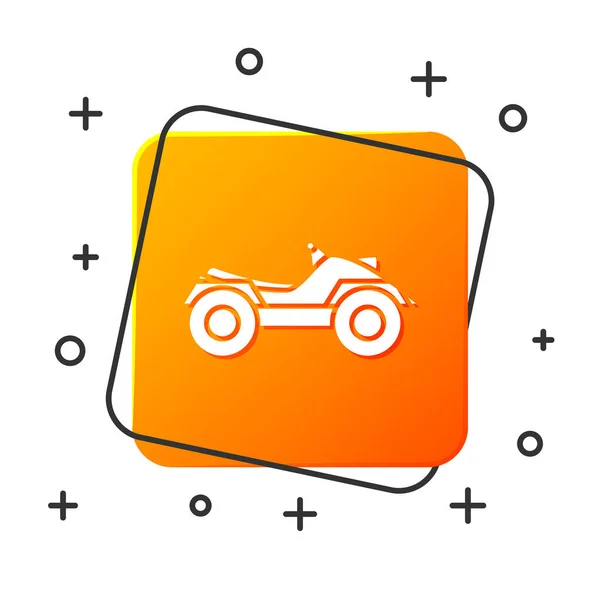 白色全地形车辆或Atv摩托车图标隔离在白色背景。 四轮驱动自行车 极限运动。 橙色正方形按钮。 病媒图解 — 图库矢量图片