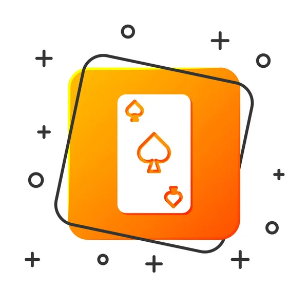 Weiße Spielkarte mit Pik-Symbol auf weißem Hintergrund. Casino-Glücksspiel. orangefarbene quadratische Taste. Vektorillustration — Stockvektor