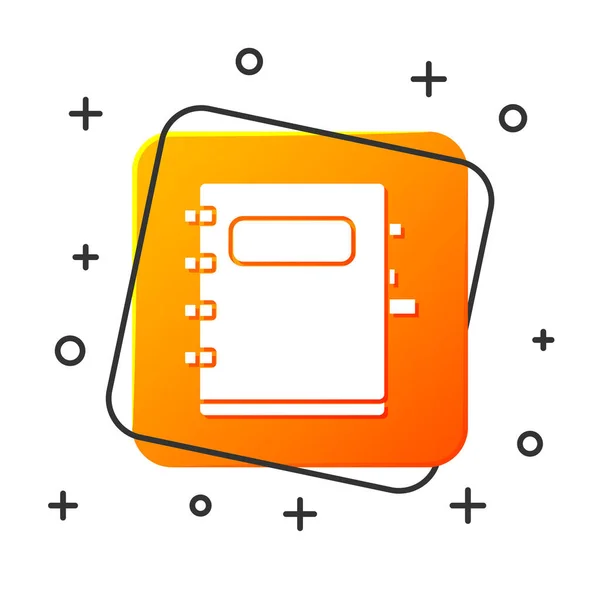 White Notebook pictogram geïsoleerd op witte achtergrond. Spiraal notitieblok icoon. Schoolschrift. Schrijfblok. Dagboek voor school. Oranje vierkante knop. Vector Illustratie — Stockvector