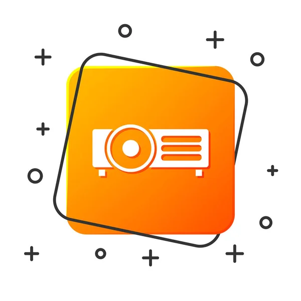 Presentazione bianca, film, film, icona del proiettore multimediale isolato su sfondo bianco. Pulsante quadrato arancione. Illustrazione vettoriale — Vettoriale Stock