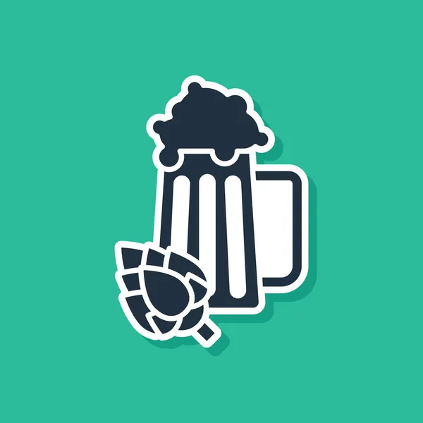 Blue Glass de cerveja e hop ícone isolado no fundo verde. Ilustração vetorial — Vetor de Stock