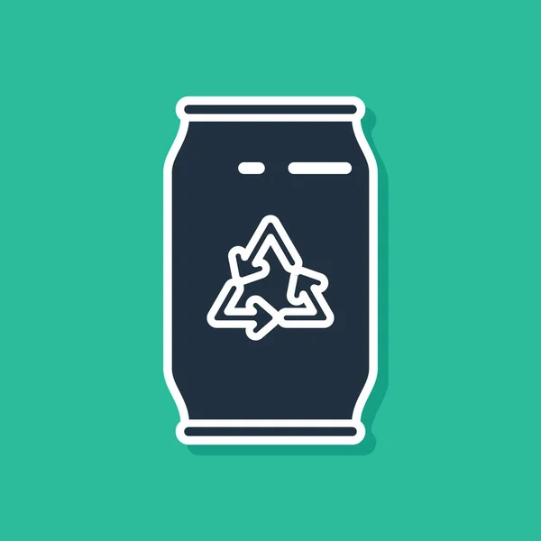 Blue Can with recycle symbol and can icon isolated on green background. Trash can icon. Garbage bin sign. Recycle basket sign. Vector Illustration