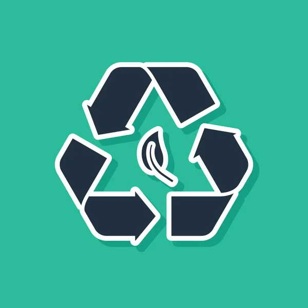 Simbolo blu Riciclare e icona foglia isolato su sfondo verde. L'ambiente riciclabile diventa verde. Illustrazione vettoriale — Vettoriale Stock