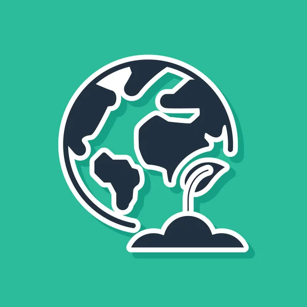Globo blu della Terra e icona della pianta isolato su sfondo verde. Segno del mondo o della Terra. Forme geometriche. Concetto ambientale. Illustrazione vettoriale — Vettoriale Stock