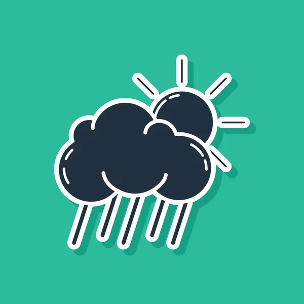 Blue Cloud with rain and sun icon isolated on green background. Rain cloud precipitation with rain drops. Vector Illustration — Stock Vector