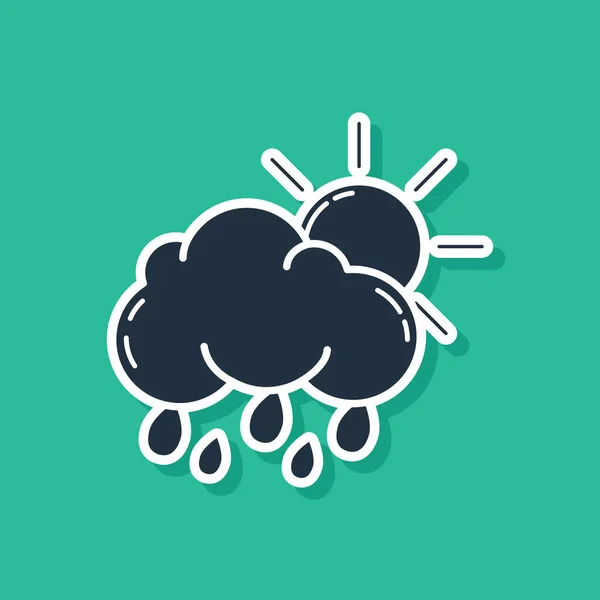 緑の背景に雨と太陽のアイコンが隔離されたブルークラウド。雨滴と雨の雲の降水量。ベクターイラスト — ストックベクタ