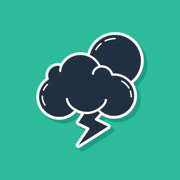 Blaues Sturmsymbol isoliert auf grünem Hintergrund. Wolke mit Blitz und Sonnenzeichen. Wetter-Ikone Sturm. Vektorillustration — Stockvektor