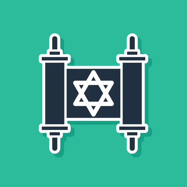 Blue Torah scroll icon isolated on green background. Jewish Torah in expanded form. Star of David symbol. Old parchment scroll. Vector Illustration — Stock Vector