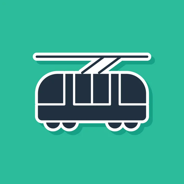 Niebieski tramwaj i ikona kolejowa odizolowane na zielonym tle. Symbol transportu publicznego. Ilustracja wektora — Wektor stockowy