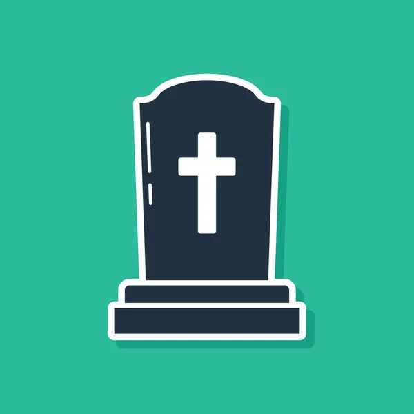 Blå gravsten med kors ikon isolerad på grön bakgrund. Gravikon. Vektor Illustration — Stock vektor