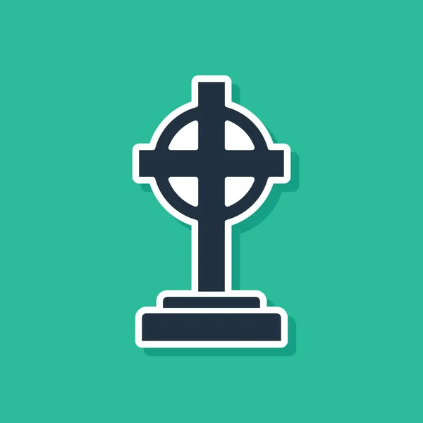 Lápida azul con icono de cruz aislado sobre fondo verde. Icono de tumba. Ilustración vectorial — Vector de stock