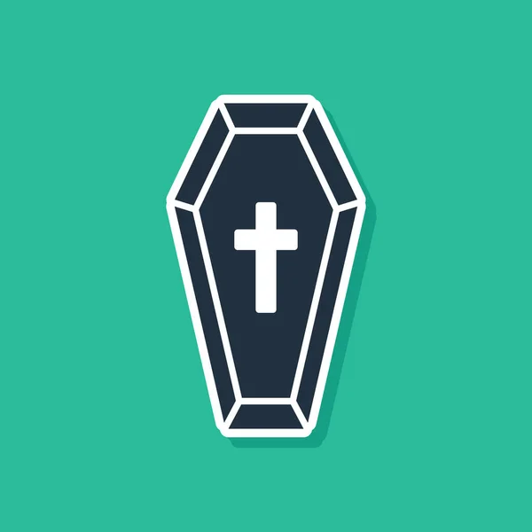 Niebieski trumna z chrześcijański krzyż ikona odizolowany na zielony tło. Wesołego Halloween. Ilustracja wektora — Wektor stockowy