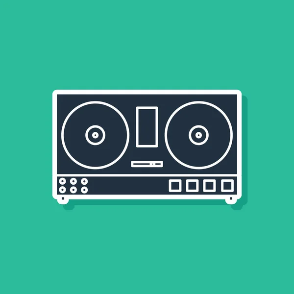 Azul DJ remoto para reproducir y mezclar icono de música aislado sobre fondo verde. Mezclador DJ completo con reproductor de vinilo y control remoto. Ilustración vectorial — Vector de stock