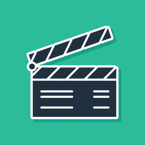 Ikon Blue Movie Clapper diisolasi dengan latar belakang hijau. Film clapper board. Tanda papan selancar. Produksi film atau konsep industri media. Ilustrasi Vektor - Stok Vektor