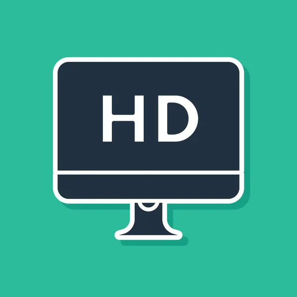 Pantalla de monitor azul ordenador PC con icono de tecnología de vídeo HD aislado sobre fondo verde. Ilustración vectorial — Archivo Imágenes Vectoriales