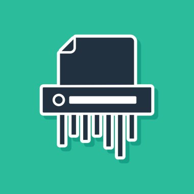 Mavi Kağıt Parçalayıcı gizli ve özel belge ofisi bilgi koruma simgesi yeşil arka planda izole edildi. Vektör İllüstrasyonu