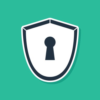 Yeşil arkaplanda anahtar deliği simgesine sahip Mavi Kalkan. Koruma, güvenlik kavramı. Güvenlik rozeti ikonu. Mahremiyet bayrağı. Savunma etiketi. Vektör İllüstrasyonu