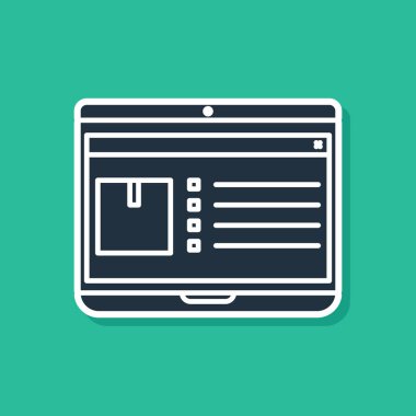 Uygulama iletim simgesine sahip mavi dizüstü bilgisayar yeşil arkaplanda izole edildi. Paket takibi. Vektör İllüstrasyonu