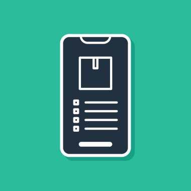 Uygulama dağıtım ikonuna sahip mavi mobil akıllı telefon yeşil arkaplanda izole edildi. Paket takibi. Vektör İllüstrasyonu