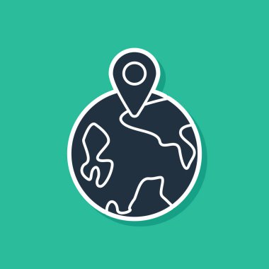 Mavi Dünya ikonu yeşil arkaplanda izole edildi. Yerküreye iğnele. Vektör İllüstrasyonu