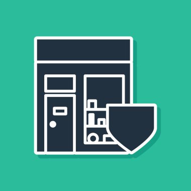 Yeşil arka planda kalkan simgesi olan mavi alışveriş binası. Sigorta konsepti. Güvenlik, güvenlik, koruma, konsept koruma. Vektör İllüstrasyonu