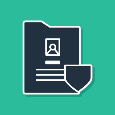 Yeşil zemin üzerinde kalkan simgesi olan mavi belge. Sigorta konsepti. Güvenlik, güvenlik, koruma, konsept koruma. Vektör İllüstrasyonu