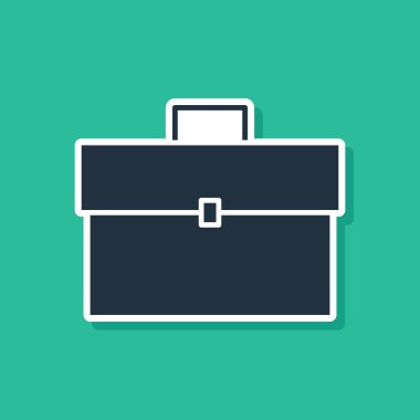 Mavi evrak çantası simgesi yeşil arka planda yalıtılmış. İş davası işareti. İş portföyü. Vektör Illustration