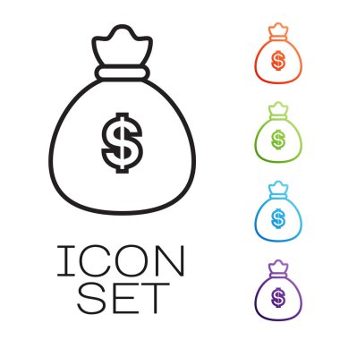 Siyah çizgi Para Çantası simgesi beyaz arkaplanda izole edildi. Dolar ya da Usd sembolü. Nakit bankacılık tabelası. Simgeleri renklendirin. Vektör İllüstrasyonu