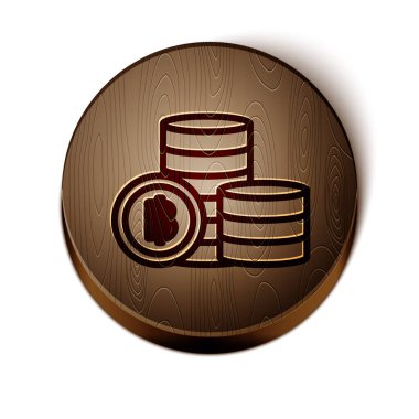 Kahverengi çizgi kripto para birimi Bitcoin simgesi beyaz arka planda izole edildi. Engelleme teknolojisi, bitcoin, dijital para piyasası, kripto para cüzdanı. Tahta daire düğmesi. Vektör İllüstrasyonu