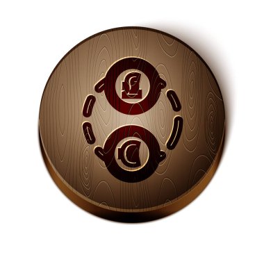 Kahverengi çizgi Para Takas simgesi beyaz arka planda izole. Euro ve Sterling nakit transferi sembolü. Bankacılık işareti. Tahta daire düğmesi. Vektör İllüstrasyonu