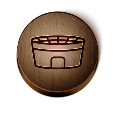 Kahverengi çizgi futbol stadyumu ikonu beyaz arka planda izole edildi. Futbol sahası. Tahta daire düğmesi. Vektör İllüstrasyonu