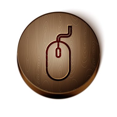 Kahverengi çizgi bilgisayar fare simgesi beyaz arkaplanda izole edildi. Tekerlek sembollü optik. Tahta daire düğmesi. Vektör İllüstrasyonu