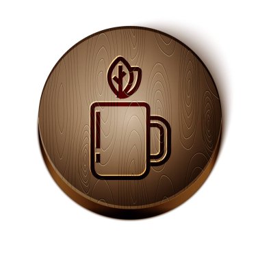 Kahverengi çay fincanı ve beyaz arka planda izole edilmiş yaprak ikonu. Tahta daire düğmesi. Vektör İllüstrasyonu