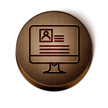 Beyaz arkaplanda özgeçmiş simgesine sahip kahverengi çizgi bilgisayar monitörü. Özgeçmiş başvurusu. Profesyonel personel aranıyor. Personel analizi devam ediyor. Tahta daire düğmesi. Vektör İllüstrasyonu
