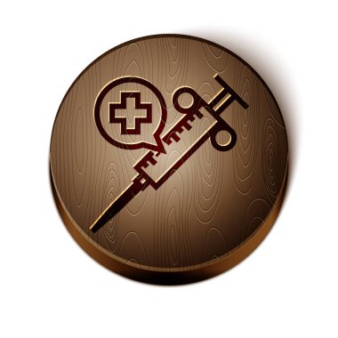 Kahverengi çizgi tıbbi şırınga beyaz arka planda izole edilmiş iğne ikonu. Aşı, iğne, aşı, insülin konsepti. Tahta daire düğmesi. Vektör İllüstrasyonu