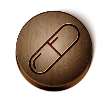 Kahverengi çizgi tıp hapı veya beyaz arka planda izole edilmiş tablet ikonu. Kapsül hapı ve uyuşturucu işareti. Eczane tasarımı. Tahta daire düğmesi. Vektör İllüstrasyonu