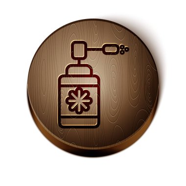 Beyaz arka planda izole edilmiş burun ve boğaz ikonu hastalıklarının tedavisi için sprey sıkılmış kahverengi çizgi tıp şişesi. Tahta daire düğmesi. Vektör İllüstrasyonu