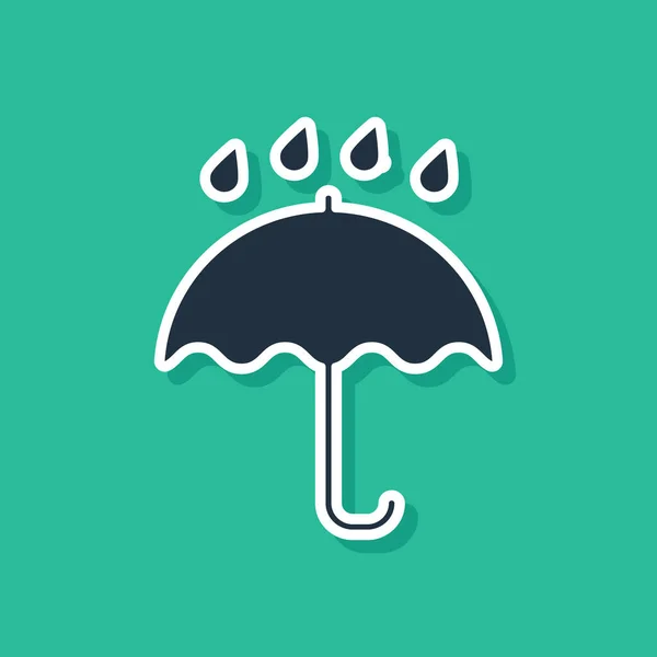 Paraguas azul y gotas de lluvia icono aislado sobre fondo verde. Icono impermeable. Protección, seguridad, concepto de seguridad. Símbolo resistente al agua. Ilustración vectorial — Vector de stock