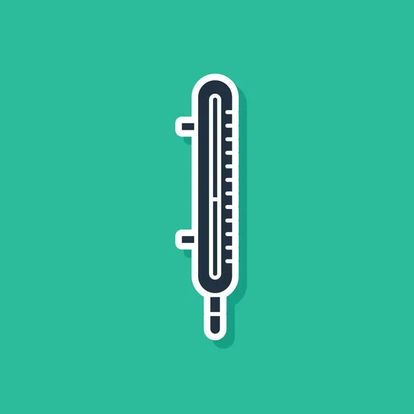 Blaues Meteorologie-Thermometer-Messsymbol auf grünem Hintergrund. Thermometerausrüstung, die heißes oder kaltes Wetter zeigt. Vektorillustration — Stockvektor