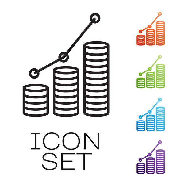 Linea nera grafico a torta infografica e icona della moneta isolata su sfondo bianco. Grafico grafico segno. Set icone colorate. Illustrazione vettoriale — Vettoriale Stock